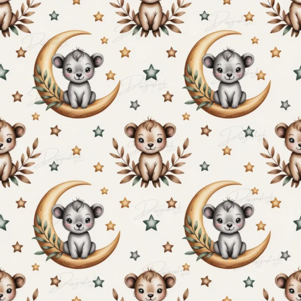 Home 39 Watercolor baby bear sitting on crescent moon with green and brown stars, seamless