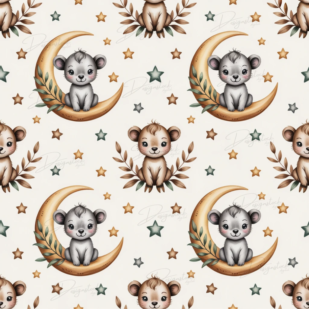 Cute Safari Baby Animals Seamless Patterns Moon & Star Jungle Nursery Digital Papers 12x12in PNG 300DPI & PDF (CMYK + RGB) Instant Download 1 Watercolor baby bear sitting on crescent moon with green and brown stars, seamless