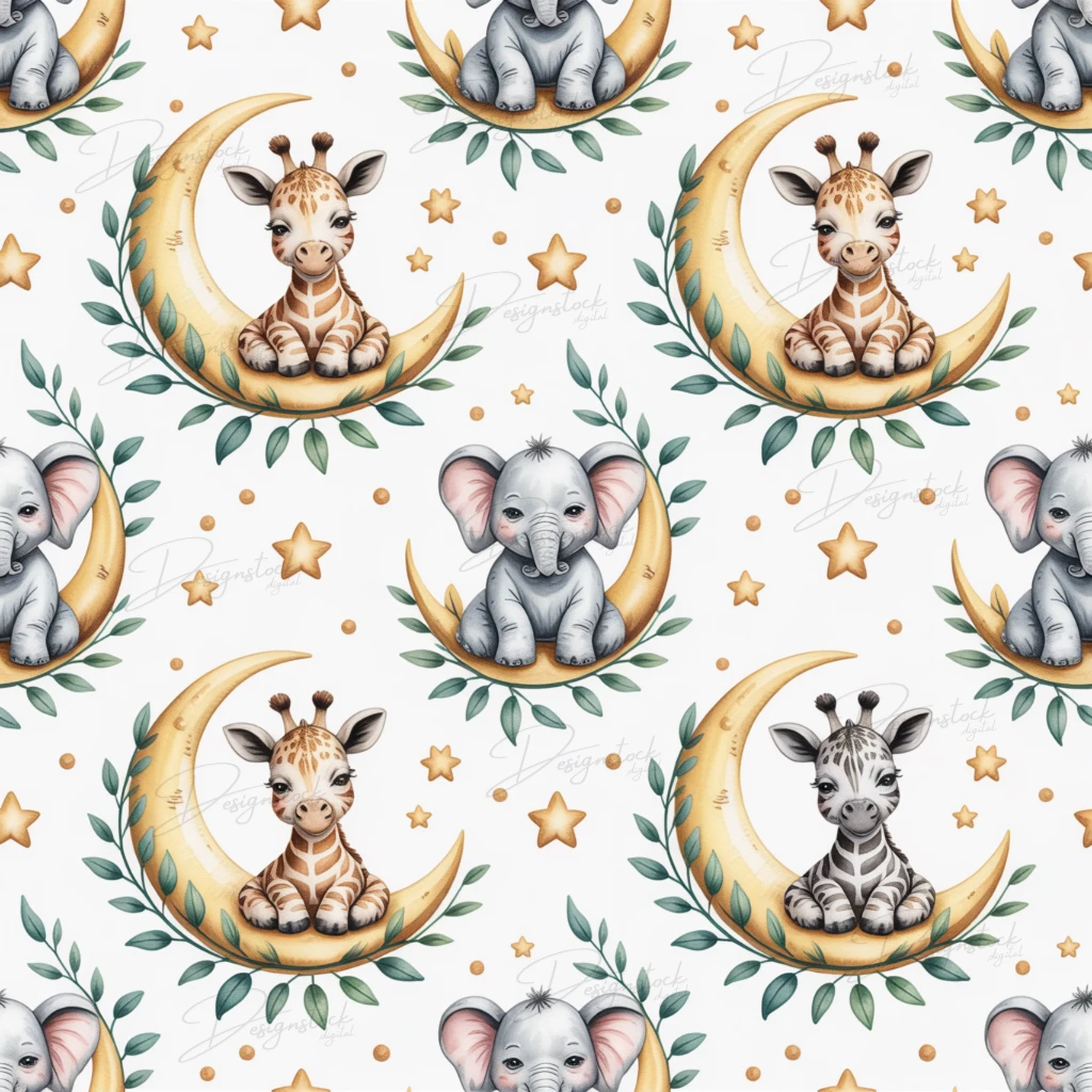 Watercolor Safari Baby Animals Seamless Pattern Set Elephant, Giraffe, Zebra Nursery PNGs | 12x12" 300 DPI Digital Download 4 Adorable baby giraffe on crescent moon surrounded by stars, elephant on soft cloud, and zebra watercolor pattern — seamless digital design for baby nursery, scrapbooking, and fabric printing.