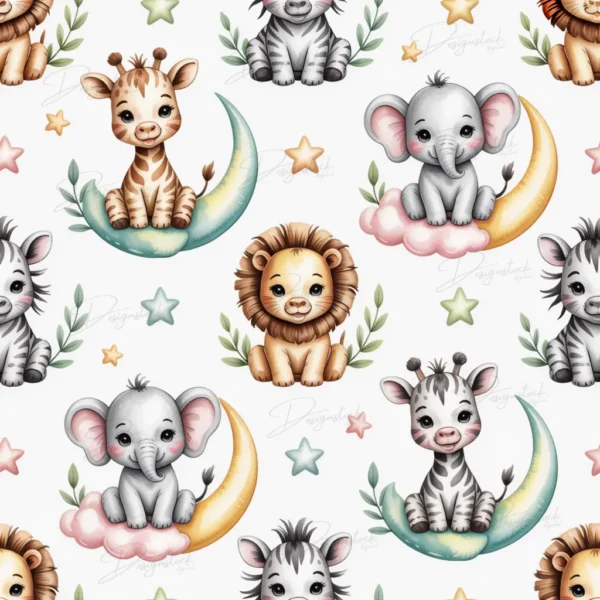 Home 38 Cute cartoon lion, elephant and giraffe on pastel clouds with stars seamless digital paper