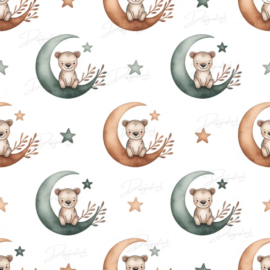 Cute Safari Baby Animals Seamless Patterns Moon & Star Jungle Nursery Digital Papers 12x12in PNG 300DPI & PDF (CMYK + RGB) Instant Download 4 Cute baby lion sitting on moon with stars and leaves, seamless nursery pattern