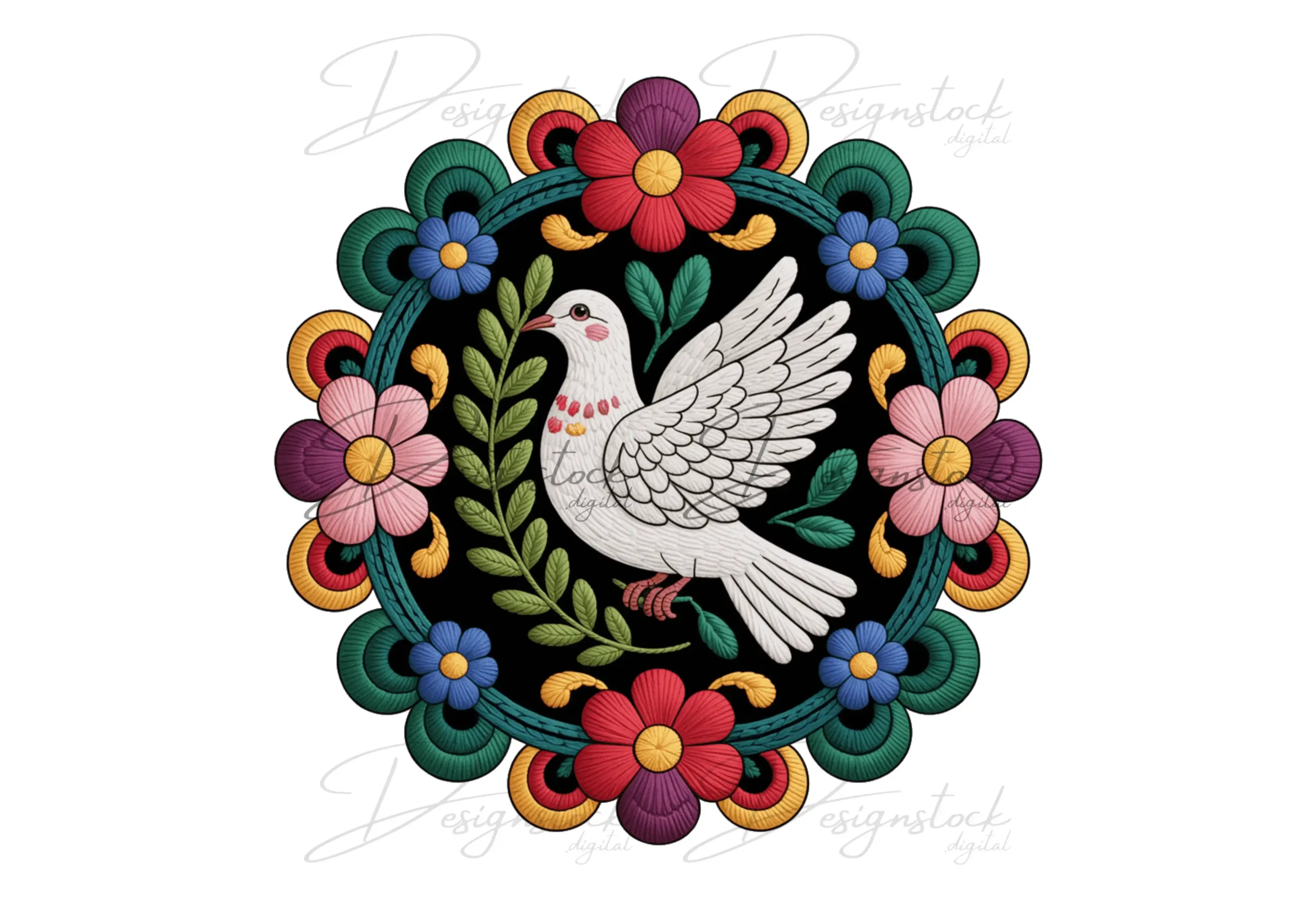 Bohemian Dove Embroidery Art - Peace Bird Floral Mandala 4 Detailed view of bohemian dove embroidery art showing textured floral mandala pattern, perfect for digital downloads, T-shirt printing, and wall art.