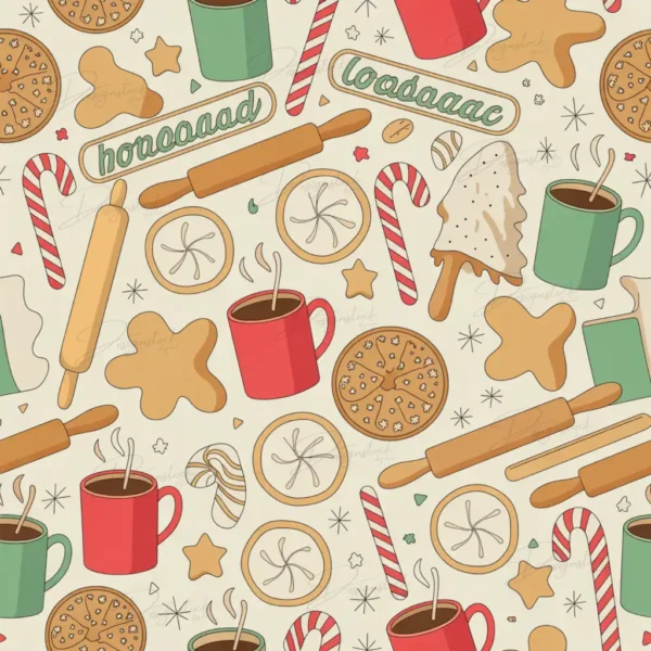 Cozy Christmas pattern featuring mugs of hot cocoa, rolling pins, cookies, candy canes, and festive shapes.