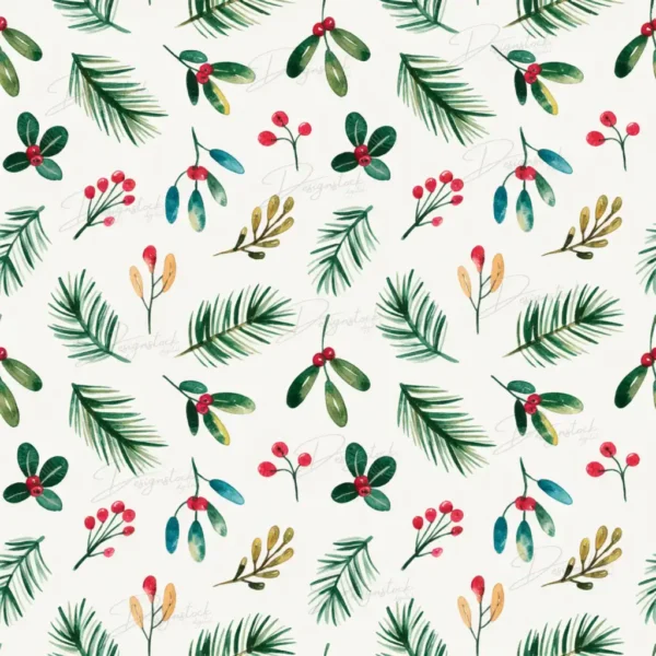 Home 31 Seamless Christmas Botanical Watercolor pattern featuring pine leaves and red holly berries on white background