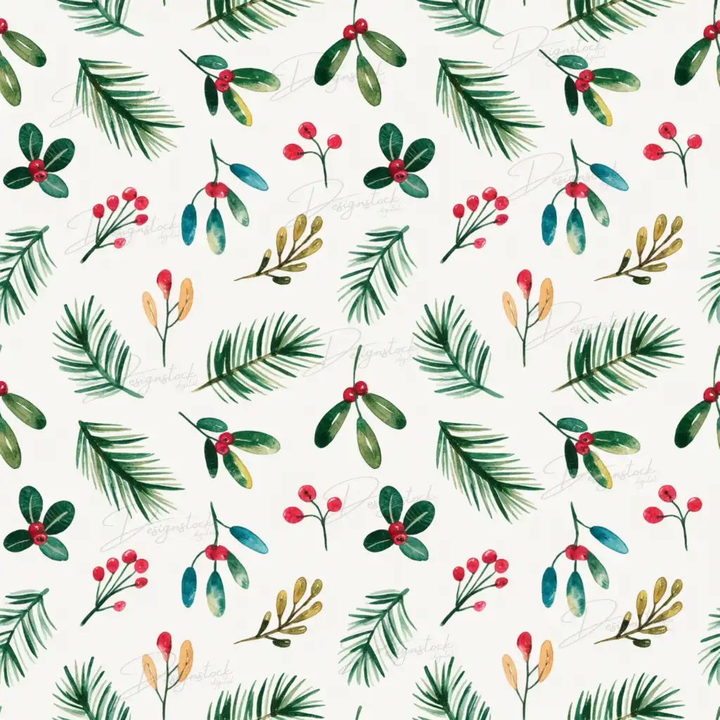 Christmas Botanical Watercolor Digital Set Holiday Pine & Berry Seamless Patterns | 12×12″ 300 DPI Digital Download 1 Seamless Christmas Botanical Watercolor pattern featuring pine leaves and red holly berries on white background