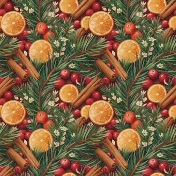 Home 29 Watercolor Christmas pattern with oranges, cinnamon sticks, pine branches, and cranberries on warm brown background