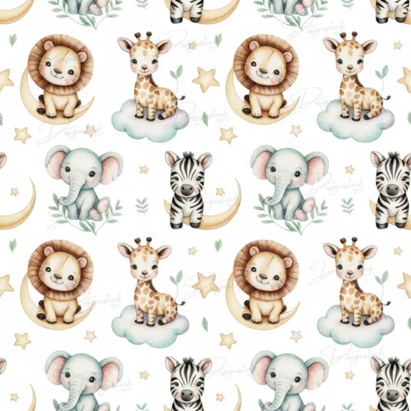 Home 37 Adorable baby elephant and giraffe sitting on moon with lion and zebra seamless pattern for nursery decor