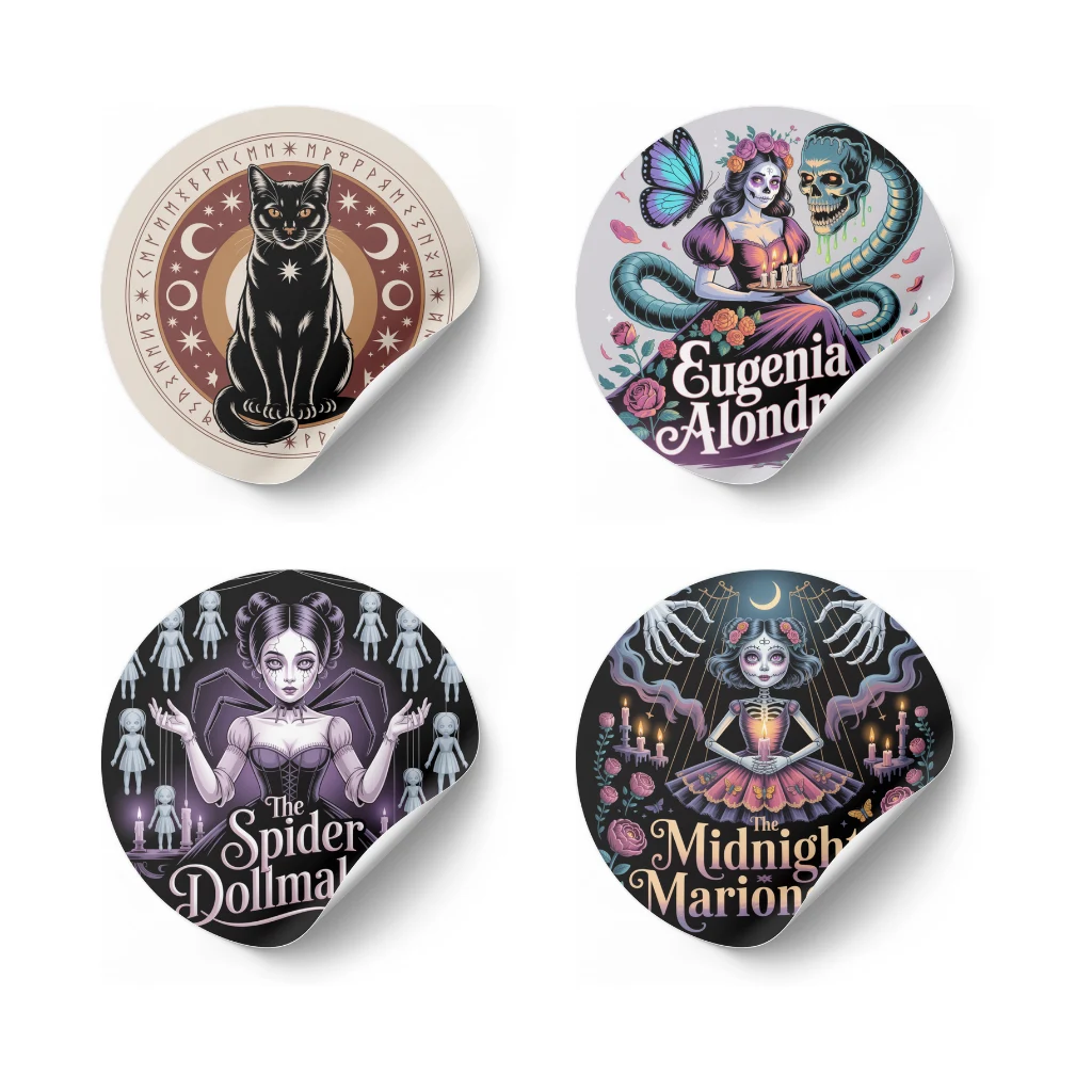 Gothic Fantasy Sticker Pack - Dark Art Printable Stickers - The Spider Dollmaker, Coffin Conductor, Midnight Marionette, Eugenia Alondra 2 Skeleton train conductor in eerie mist holding lantern, gothic horror digital sticker