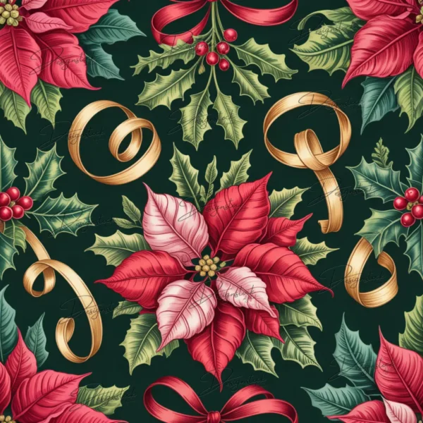 Home 34 Festive Christmas seamless pattern with poinsettia flowers, holly leaves, and gold ribbon on dark background