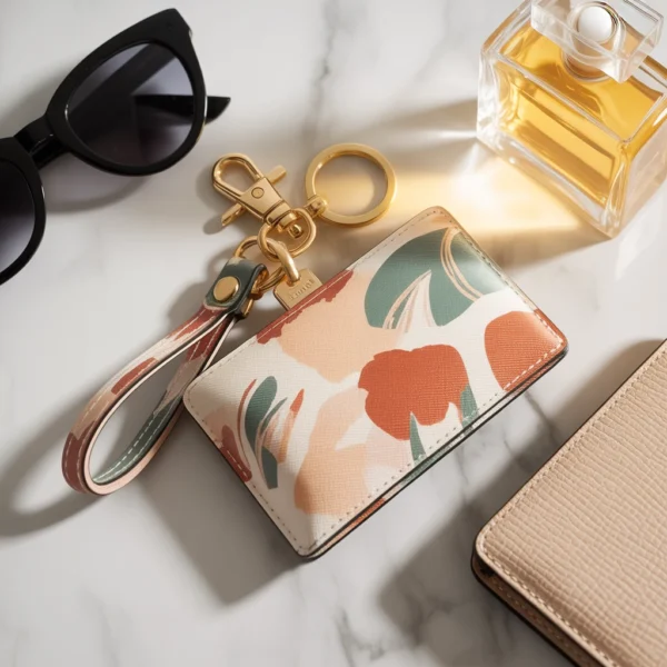 Home 54 Elegant Keychain Wrist Strap on Marble Surface – Gold Hardware