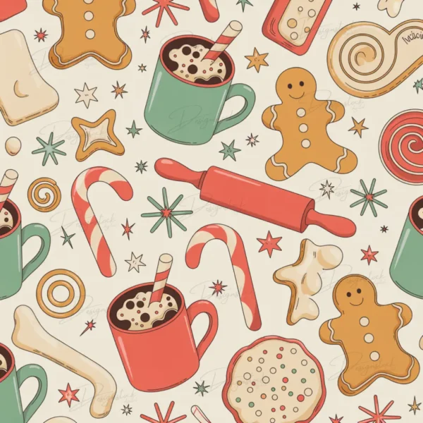 Home 36 hristmas digital paper with gingerbread men, red mugs, green cups, candy canes, and stars in repeating design.