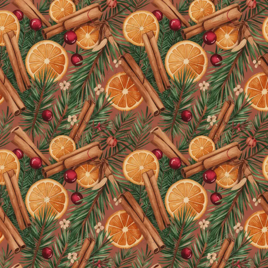 Christmas Orange Cinnamon Paper Set-Holiday Pine Cranberry Seamless Patterns - 12×12″ 300 DPI Digital Download 2 Cozy holiday digital paper with pine, orange slices, and red berries seamless texture