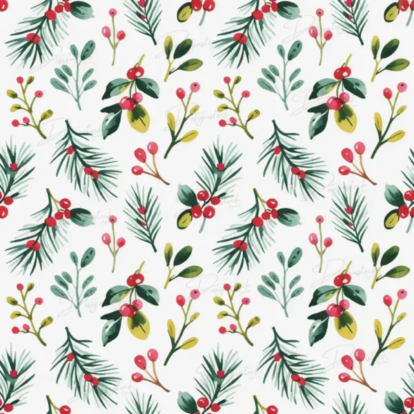Home 32 Holiday watercolor pattern with pine branches, holly leaves, red berries and mistletoe for Christmas crafts