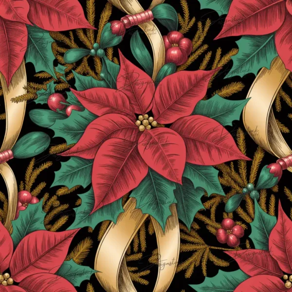 Home 33 Seamless red poinsettia and holly leaves Christmas floral pattern with golden ribbons