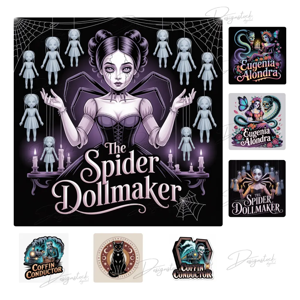 Gothic Fantasy Sticker Pack - Dark Art Printable Stickers - The Spider Dollmaker, Coffin Conductor, Midnight Marionette, Eugenia Alondra 1 Set of eight gothic fantasy printable sticker designs featuring dark art female characters