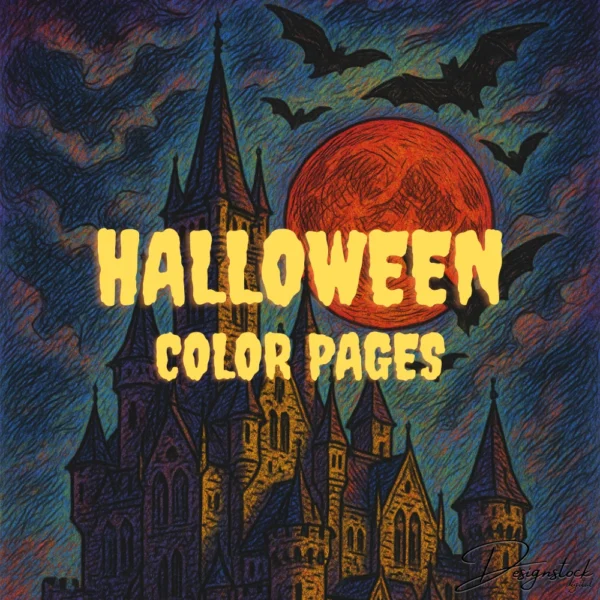 Home 65 Dark gothic castle under a red moon with flying bats – Halloween coloring book cover design
