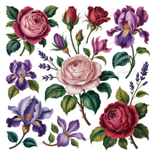 Home 59 Vintage Botanical Flower Sticker Set Elegant Rose, Iris & Lavender Floral Stickers for Journals, Scrapbooking & Crafts