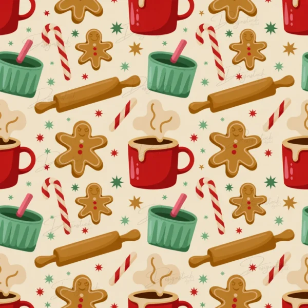 Home 35 Hand-drawn Christmas seamless pattern with cocoa mugs, candy canes, stars, and festive