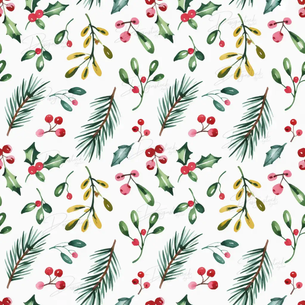 Christmas Botanical Watercolor Digital Set Holiday Pine & Berry Seamless Patterns | 12×12″ 300 DPI Digital Download 4 Watercolor Christmas pattern featuring pine branches, holly leaves, red berries and mistletoe on white background