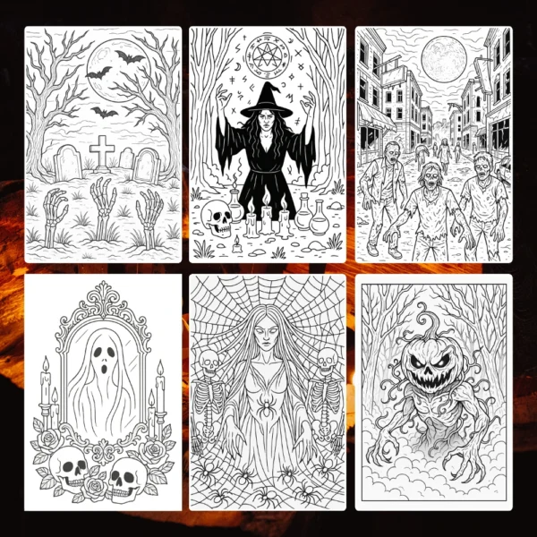 Home 66 Collection of spooky Halloween coloring pages featuring witch, zombies, graveyard skeletons, ghost mirror, spider woman, and pumpkin monster designs