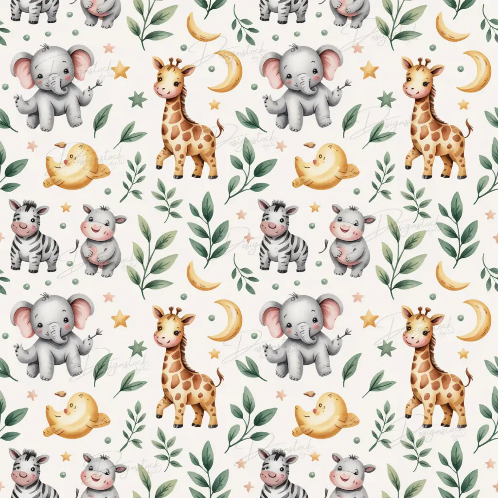 Cute Safari Baby Animals Seamless Patterns Moon & Star Jungle Nursery Digital Papers 12x12in PNG 300DPI & PDF (CMYK + RGB) Instant Download 3 Cute baby jungle animals seamless pattern with moon, leaves, and stars in neutral tones