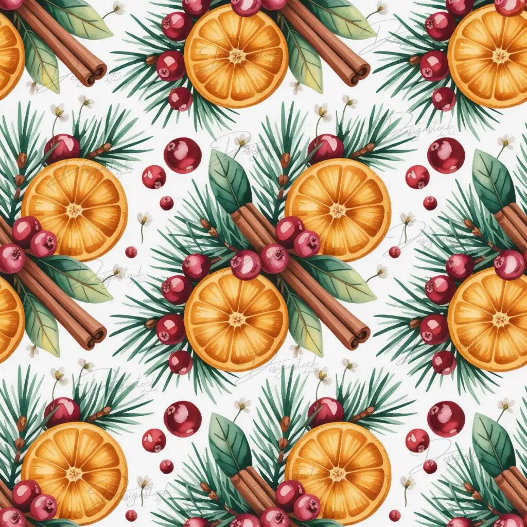 Christmas Orange Cinnamon Paper Set-Holiday Pine Cranberry Seamless Patterns - 12×12″ 300 DPI Digital Download 4 Bright festive background with oranges, cinnamon, pine leaves, and berries on white backdrop