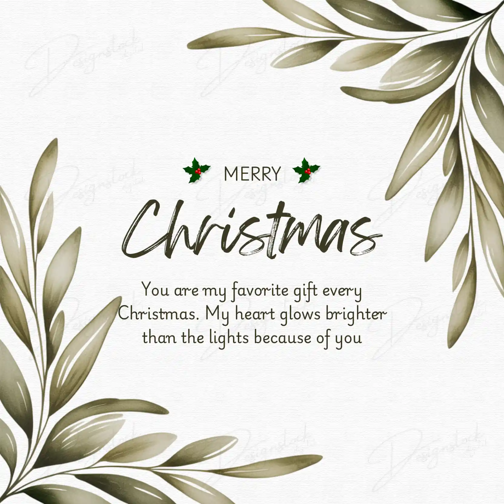 Elegant Christmas Wishes Canva Template (4-in-1 Editable Bundle - Instagram Post Size) 2 Festive botanical Christmas post with olive-green leaves and the message “You are my favorite gift every Christmas.”