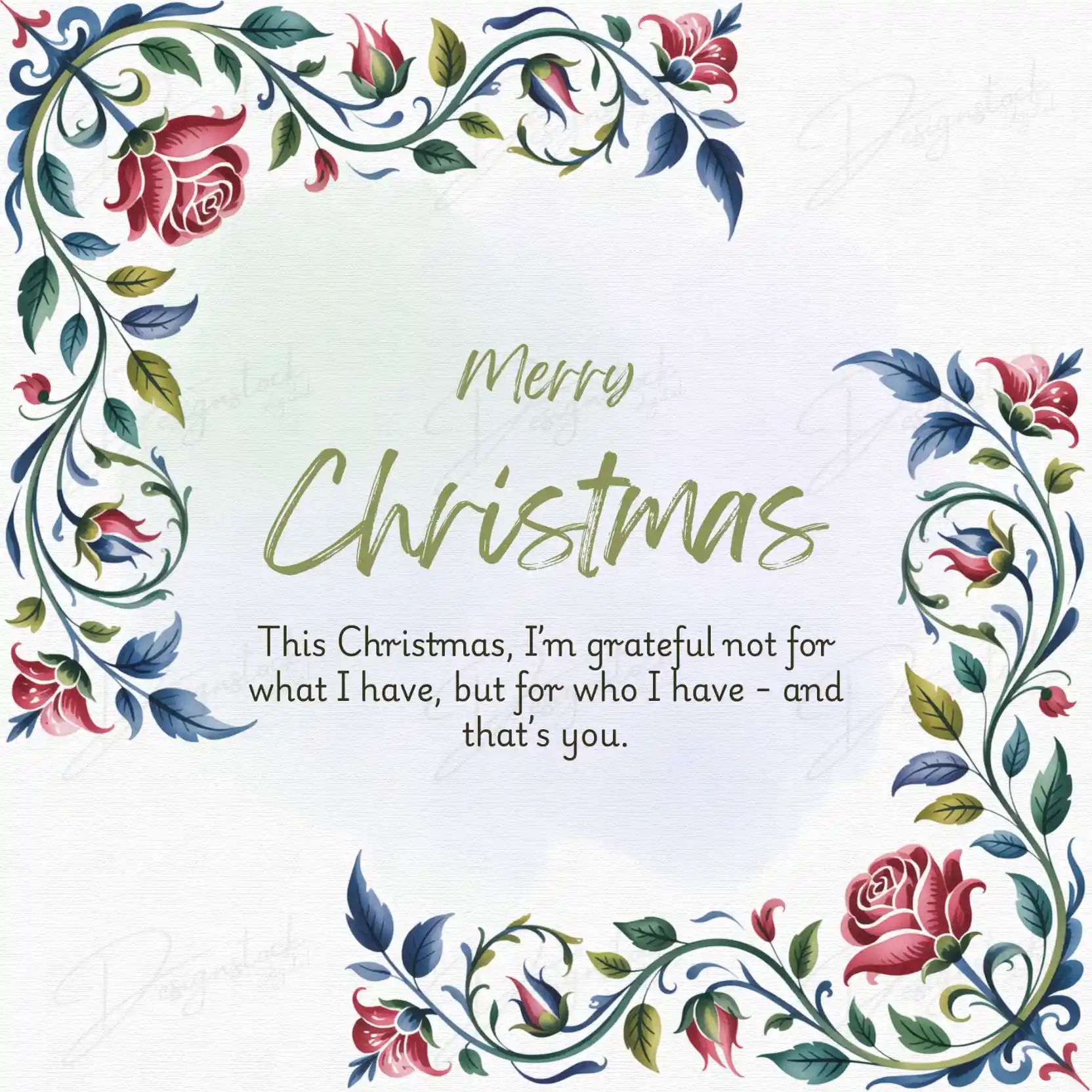 Elegant Christmas Wishes Canva Template (4-in-1 Editable Bundle - Instagram Post Size) 3 Floral Christmas greeting card with red and blue flowers, featuring the quote “This Christmas, I’m grateful not for what I have, but for who I have.”