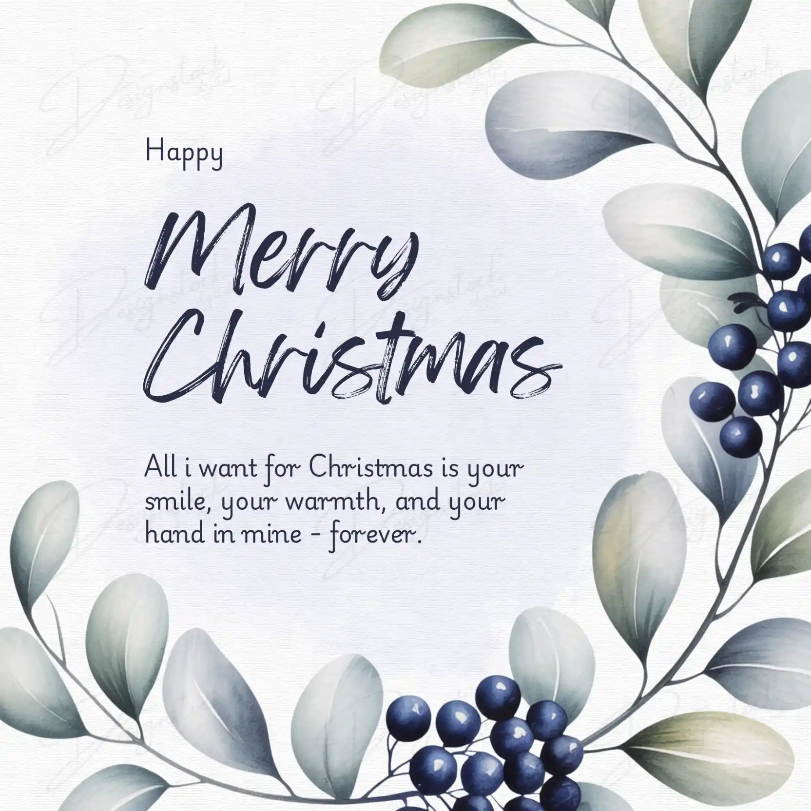 Elegant Christmas Wishes Canva Template (4-in-1 Editable Bundle - Instagram Post Size) 1 Elegant Christmas greeting card with watercolor blue berries and leaves, featuring the message “All I want for Christmas is your smile, your warmth, and your hand in mine.”