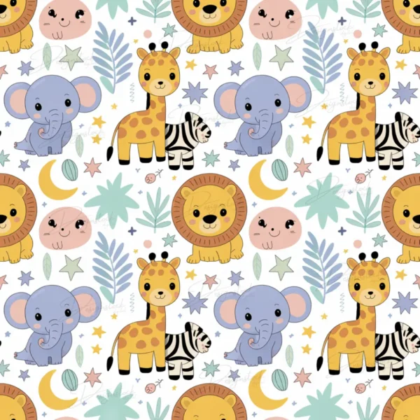 Home 42 Hand-drawn cute safari animal seamless digital paper with moon, stars, and leaves