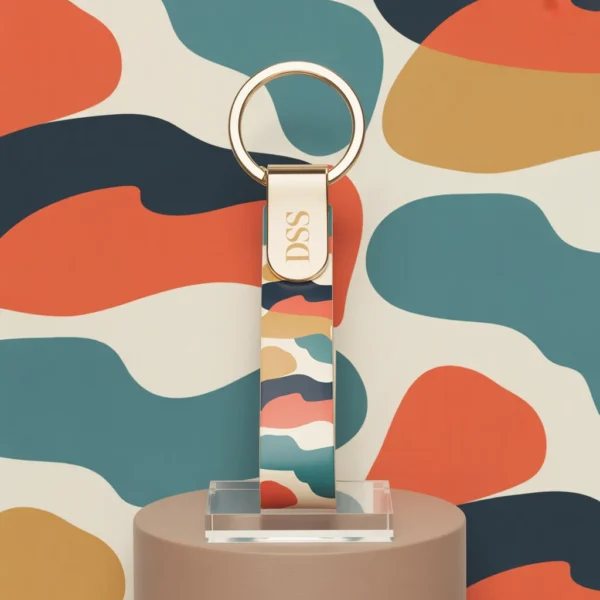 Retro 70s Abstract Keychain Wrist Strap Mockup – Gold Ring and Clip – Mid Century Pattern in Mustard Teal Coral Cream