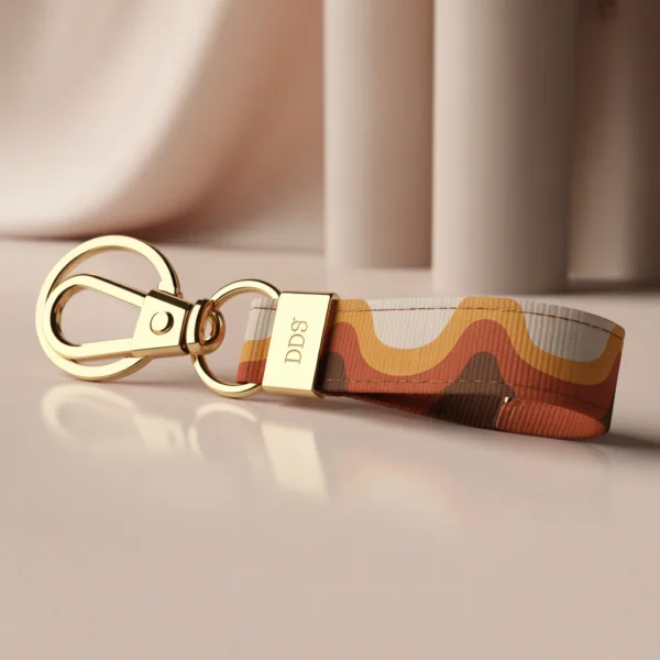 Home 50 Retro Abstract Keychain Mockup with Gold Keyring and Warm Earthy Stripes
