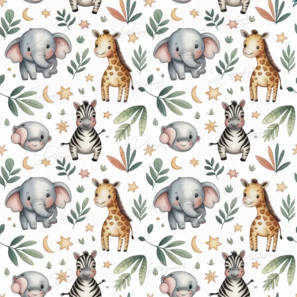 Home 40 Watercolor safari animals pattern with elephants, giraffes, zebras, stars, and leaves