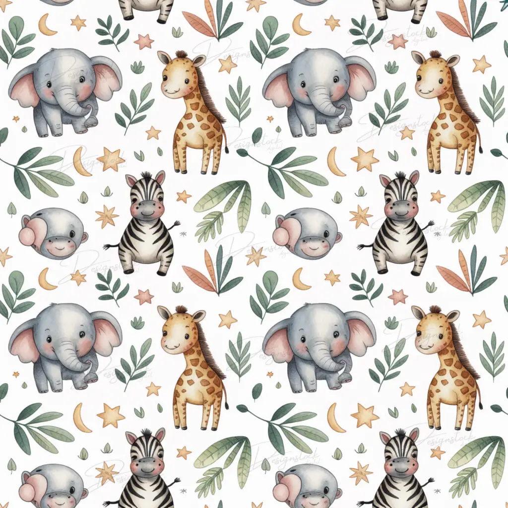 Cute Safari Baby Animals Seamless Patterns Moon & Star Jungle Nursery Digital Papers 12x12in PNG 300DPI & PDF (CMYK + RGB) Instant Download 2 Watercolor safari animals pattern with elephants, giraffes, zebras, stars, and leaves
