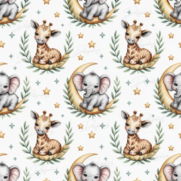 Home 43 Hand-painted watercolor safari pattern featuring baby giraffe, elephant, and zebra sitting on golden crescent moons with green leaves and stars, seamless for digital paper and baby shower designs.