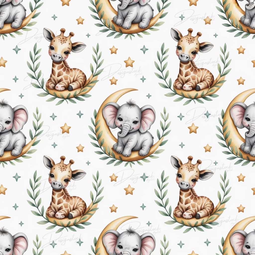 Watercolor Safari Baby Animals Seamless Pattern Set Elephant, Giraffe, Zebra Nursery PNGs | 12x12" 300 DPI Digital Download 1 Hand-painted watercolor safari pattern featuring baby giraffe, elephant, and zebra sitting on golden crescent moons with green leaves and stars, seamless for digital paper and baby shower designs.