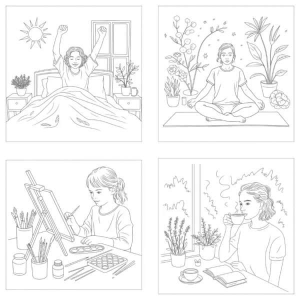 Home 26 Vibrant cover illustration of a smiling young adult woman surrounded by cozy elements like books, tea, plants, and candles, symbolizing solo girl activities from morning to bedtime. Bright pastel colors, cheerful design, inviting mood for adult relaxation coloring book.