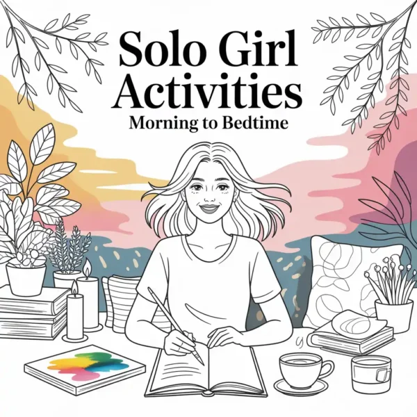 Home 25 Vibrant cover illustration of a smiling young adult woman surrounded by cozy elements like books, tea, plants, and candles, symbolizing solo girl activities from morning to bedtime. Bright pastel colors, cheerful design, inviting mood for adult relaxation coloring book.