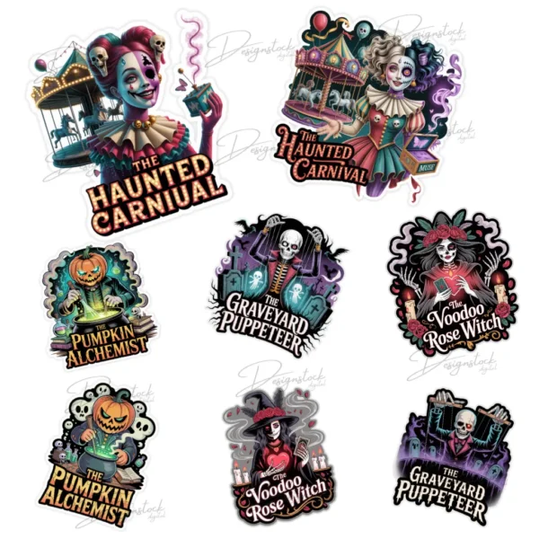 Home 47 High-quality digital Halloween stickers featuring haunted carnival clowns, carousel horses, and spooky circus details. Ideal for printable crafts, Halloween décor, and planner stickers.