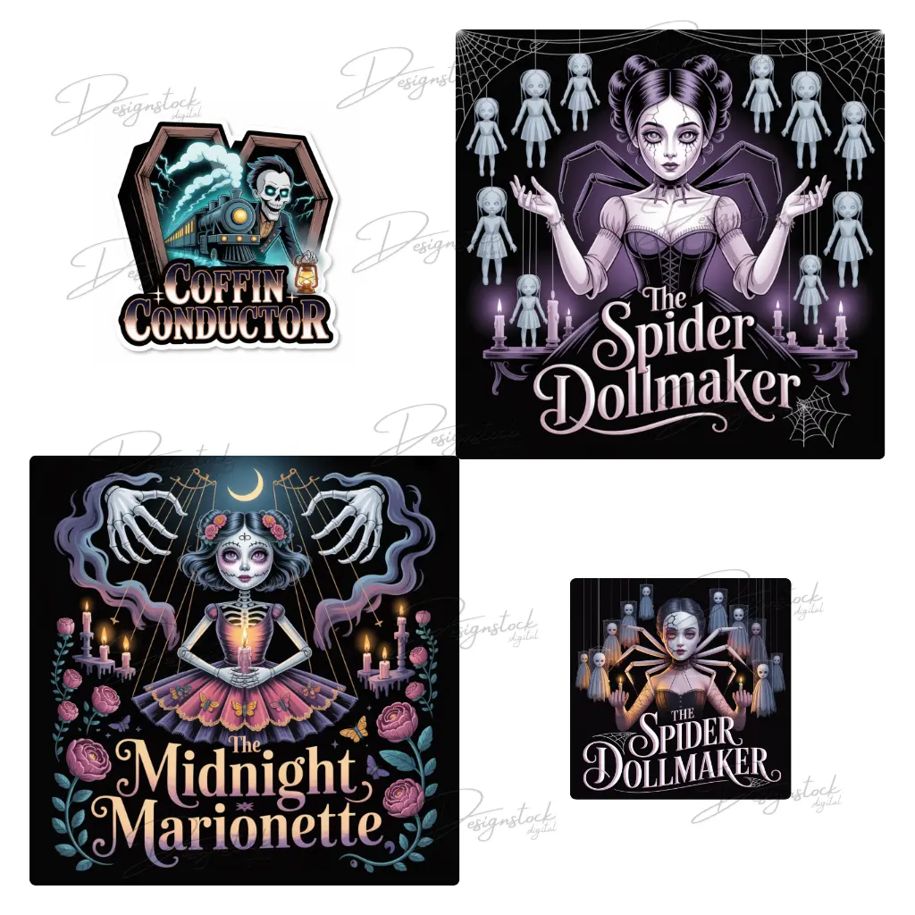Gothic Fantasy Sticker Pack - Dark Art Printable Stickers - The Spider Dollmaker, Coffin Conductor, Midnight Marionette, Eugenia Alondra 3 Gothic woman with spider arms holding puppet dolls, printable dark fantasy sticker art
