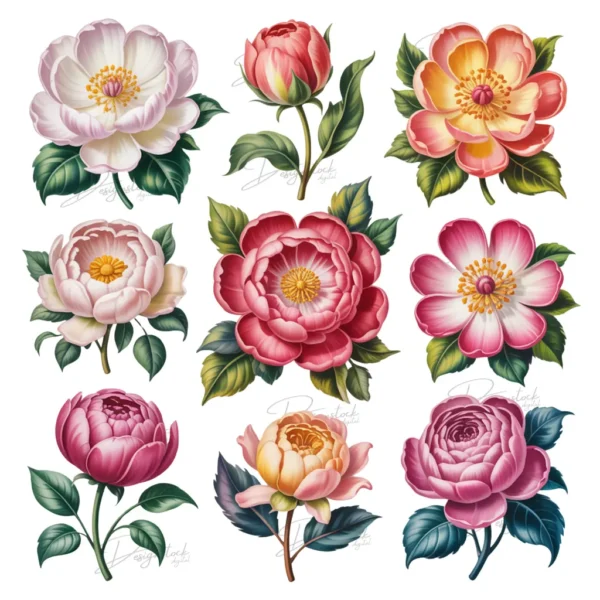 Home 61 Elegant Peony Flower Sticker Set Vintage Botanical Floral Stickers for Journals, Scrapbooks & Crafts