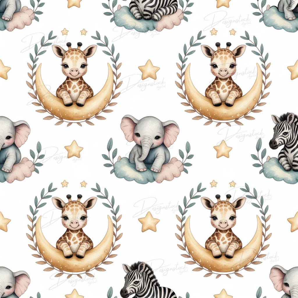 Watercolor Safari Baby Animals Seamless Pattern Set Elephant, Giraffe, Zebra Nursery PNGs | 12x12" 300 DPI Digital Download 3 Seamless watercolor baby animal pattern showing a cute elephant and giraffe sitting on a golden moon with leafy branches and stars, ideal for nursery wallpaper, baby clothes, or printable crafts.