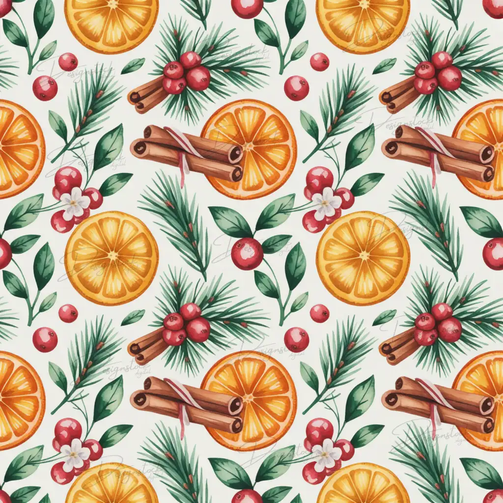 Christmas Orange Cinnamon Paper Set-Holiday Pine Cranberry Seamless Patterns - 12×12″ 300 DPI Digital Download 3 Elegant holiday pattern featuring citrus, pine branches, cinnamon, and cranberries watercolor design