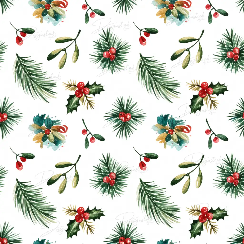 Christmas Botanical Watercolor Digital Set Holiday Pine & Berry Seamless Patterns | 12×12″ 300 DPI Digital Download 3 Christmas-themed botanical digital paper with green leaves, mistletoe berries, and pine twigs