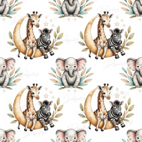 Home 44 Cute watercolor safari baby animals seamless pattern featuring a giraffe and zebra sitting on a golden crescent moon beside a baby elephant with soft leaves and stars, perfect for nursery and baby shower designs.