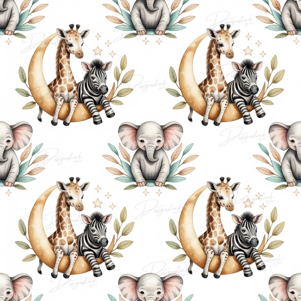 Watercolor Safari Baby Animals Seamless Pattern Set Elephant, Giraffe, Zebra Nursery PNGs | 12x12" 300 DPI Digital Download 2 Cute watercolor safari baby animals seamless pattern featuring a giraffe and zebra sitting on a golden crescent moon beside a baby elephant with soft leaves and stars, perfect for nursery and baby shower designs.