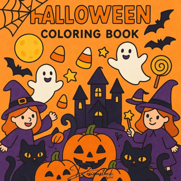Home 67 Cute Halloween coloring book cover for kids featuring smiling witches, black cats, ghosts, pumpkins, candy, and a haunted castle on an orange background – perfect for printable Halloween activity books.