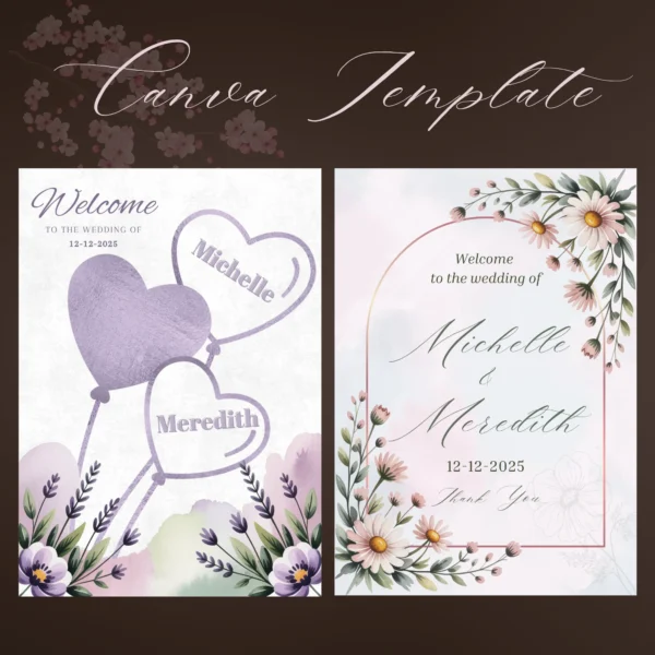 Home 19 Two elegant Floral Watercolor Poster templates in Canva featuring lavender and daisy designs with editable names and dates.