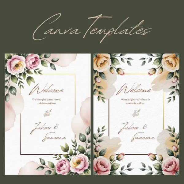 Home 11 Two editable wedding welcome posters with elegant Watercolor Floral Poster Set in pink, peach, and cream tones, customizable in Canva free version.
