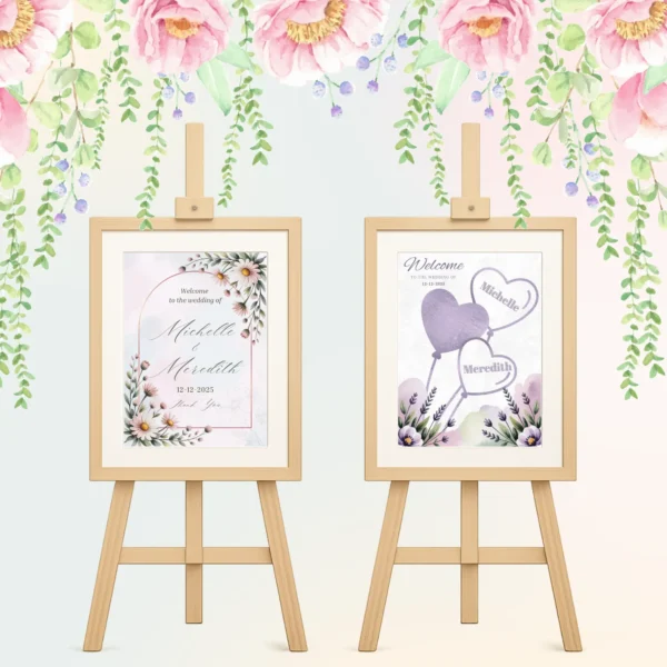 Home 20 Two floral Canva wedding posters on easels featuring lavender and daisy designs with hanging pink flower decorations.